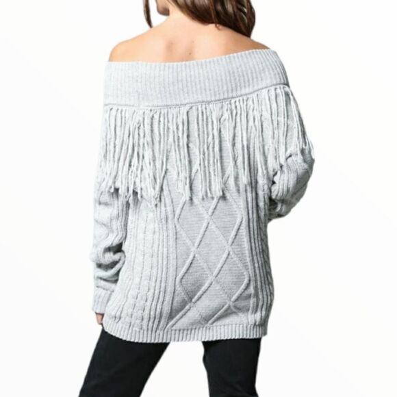 NWT ANTHROPOLOGIE BRAND FATE OFF THE SHOULDER FRINGE GRAY PULLOVER SZ. S - Picture 2 of 6